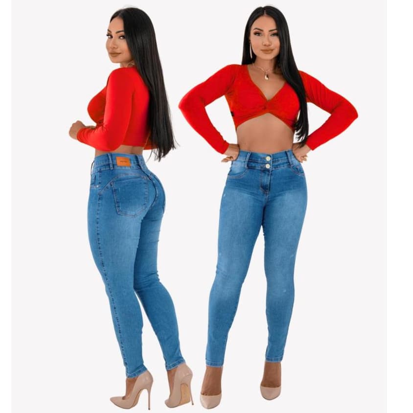 Calça Jeans Feminina Skine 2 Cós  Modelagem Empina Bumbum Cintura Alta Com Elastano