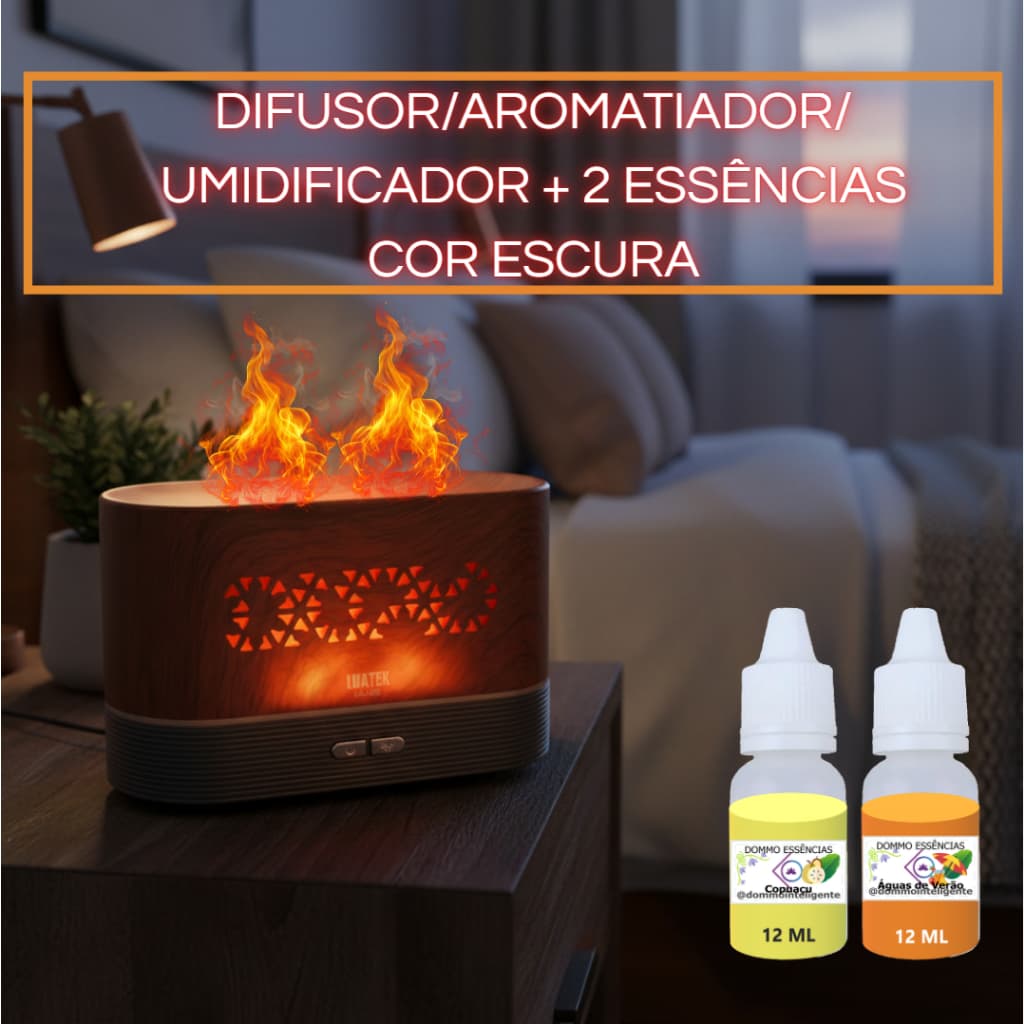 2 em 1 - Difusor Umidificador CHAMAS MADEIRA + CONTROLE +2 Essências Concentradas Fogo Foguinho
