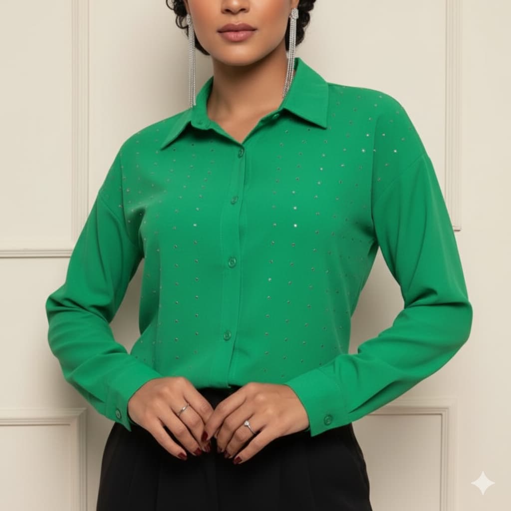 Camisa Social Manga Longa Com Strass Tecido Vicose Blogueira