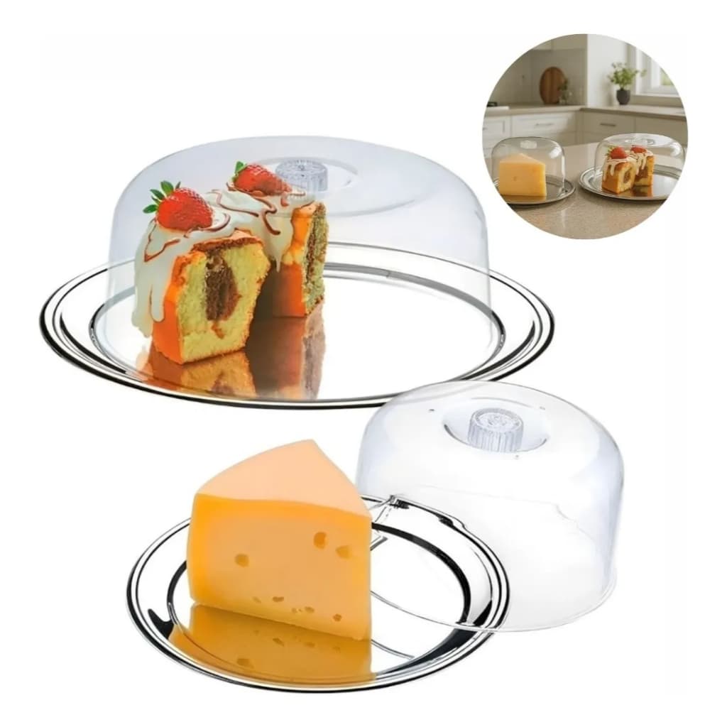 Kit Boleira + Queijeira Bolo Queijo Base Prato Inox Acrílico