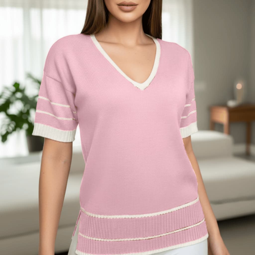 Blusa Feminina Elegante Manga Curta Fenda Decote V Listrada Básica Casual Blusinha Modal Tricot