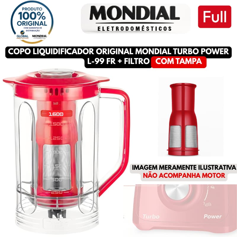 Copo Do Liquidificador L-99-FR Turbo Power  com Tampa + Filtro Mondial Vermelho Original