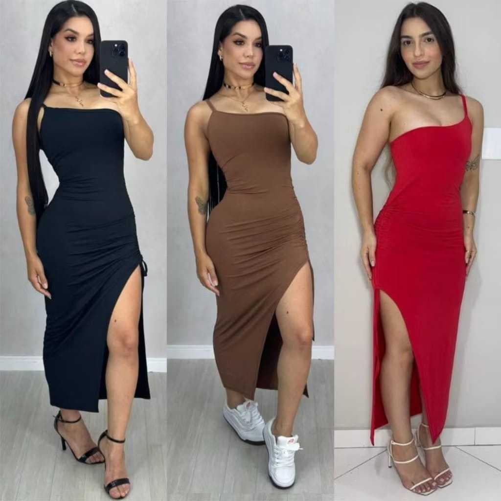 vestido feminino serena suplex com fenda alça única moda elegante