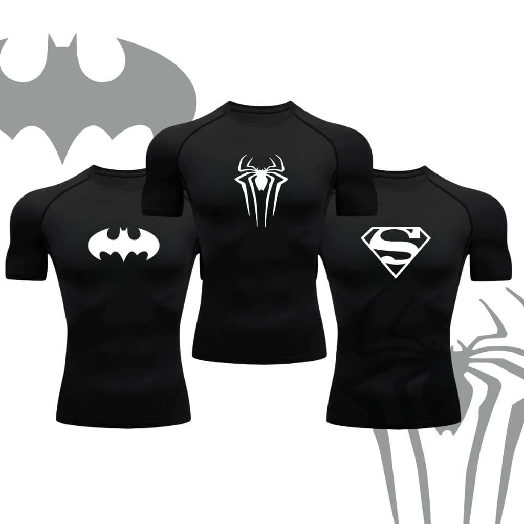 Kit 3 Camisetas Compressão Proteção Uv Estampada Tecido Gelado Segunda Pele Manga Curta Homem Aranha Batman Super Homem