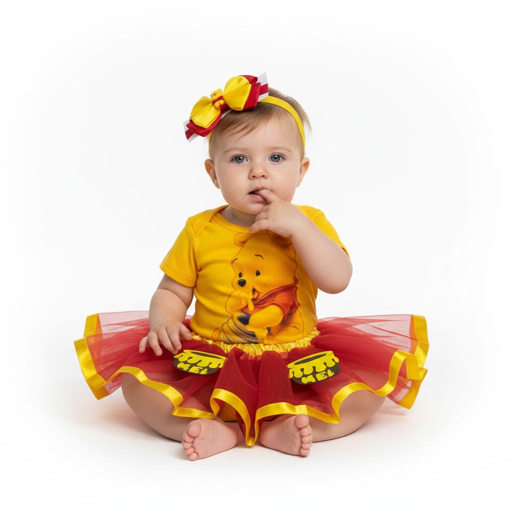 Body Bebê Ursinho Pooh + Laço + Saia Tutu - Mesversário Temáticos