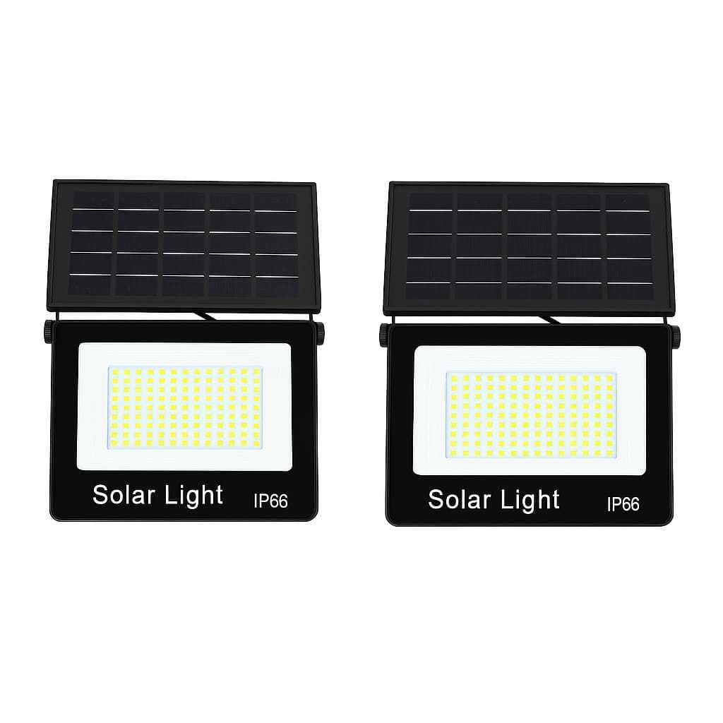 Refletor Solar LED 100W / 200W com Placa Acoplada IP66 – Sensor de Presença, Bateria Recarregável, Luz Branco Frio