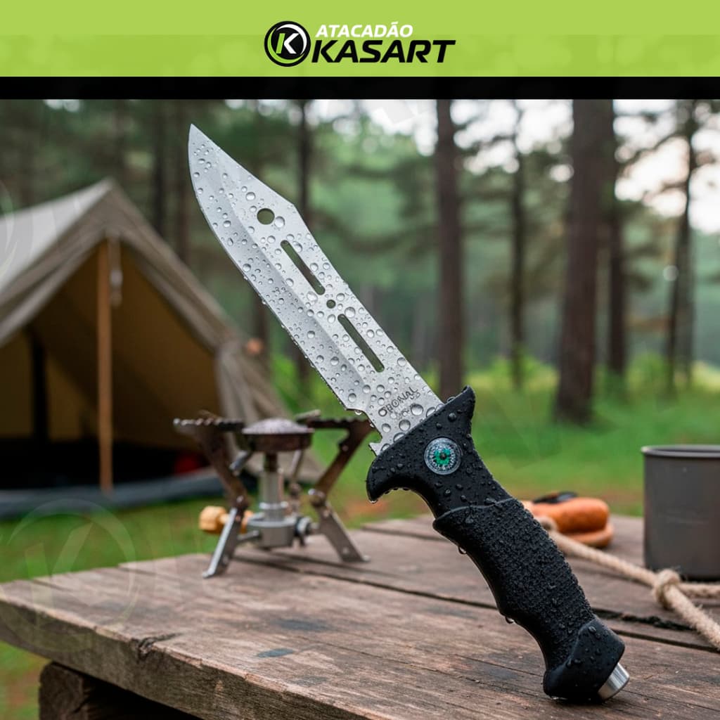 Faca Esportiva 7” com Bússola | Aço Inox | Cabo Emborrachado | Camping, Pesca e Serviços Gerais