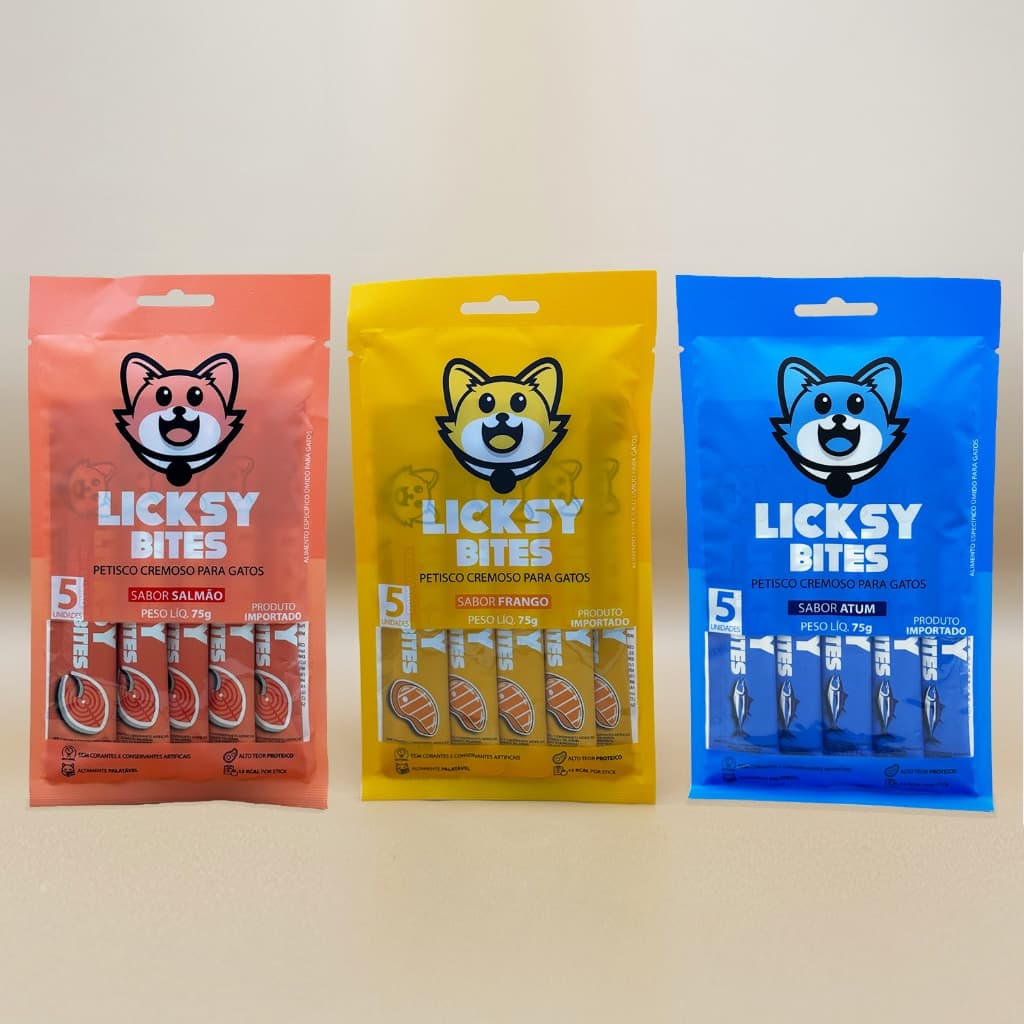Petisco Cremoso tipo Churu para Gatos (Frango / Atum / Salmão) snack felino Licksy Bites