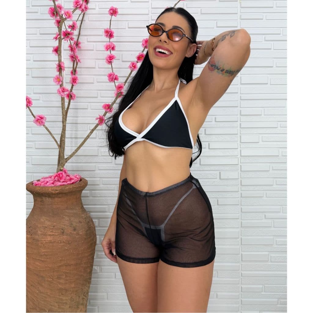 Shorts Saída De Praia Em Tule Verão Piscina Moda Praia Vazado  Casual Transparente