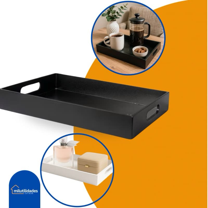 Bandeja Reta Grande 40x30 Mdf Organizadora Com Alça Decoração Cantinho do Café Preta|Branca