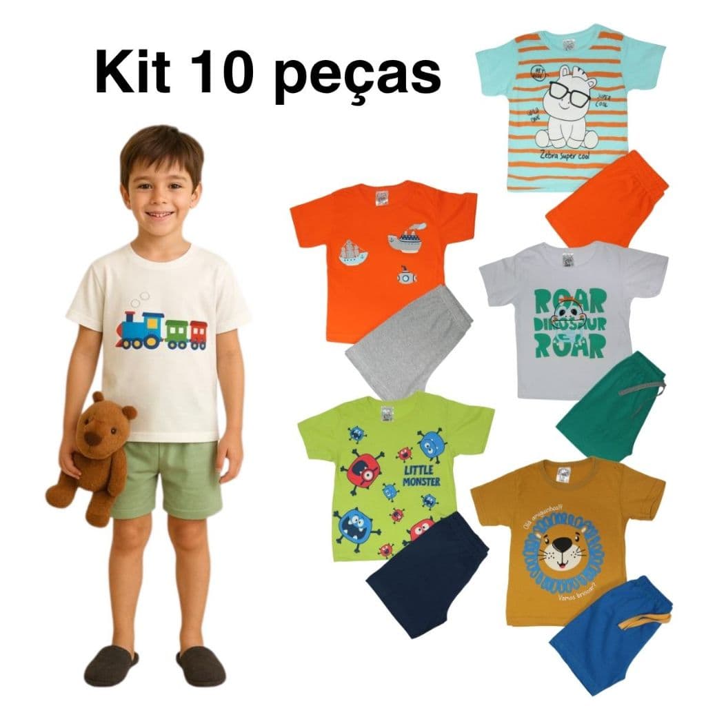 Kit Pijamas Infantis Masculinos de Verão – 10 Peças com Estampas que Brilham no Escuro!