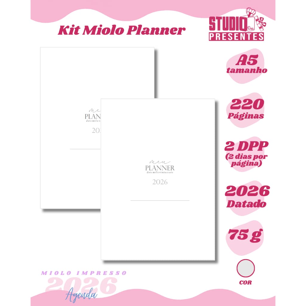 KIT COM 3 MIOLOS  Planner neutro / impressao tinta pigmentada 2026 com calendarios / controle mensal / 210 paginas