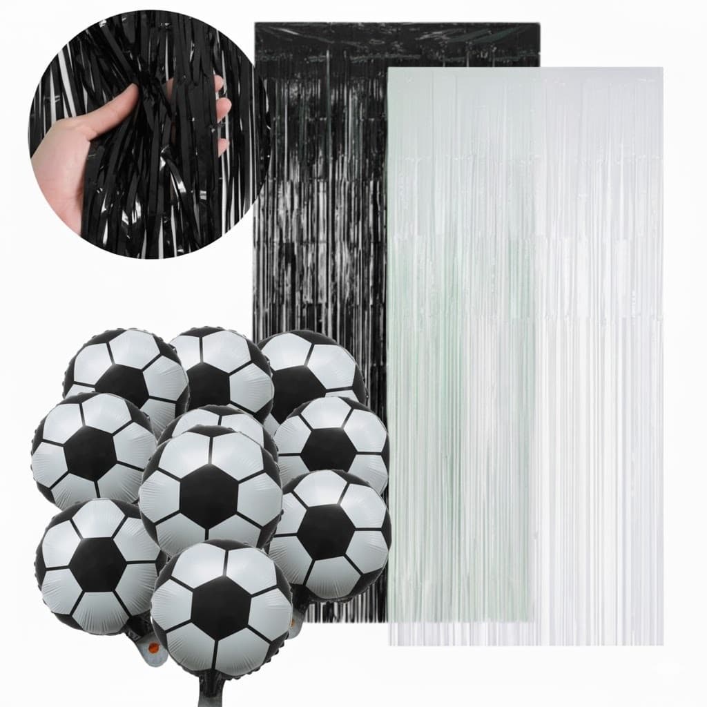 kit 2 Cortinas Metalizada 1 Preta e 1 Branca + 10 Balões Bola de Futebol Preta e Branco