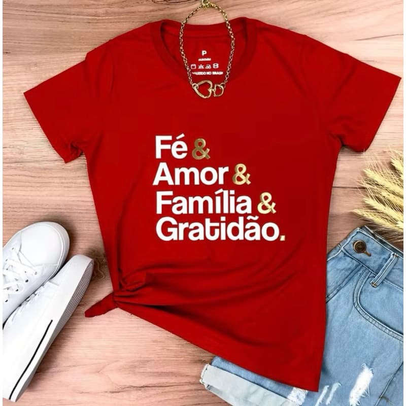 Camiseta Fé & Amor & Família & Gratidão T-shirt Feminina Baby Look Algodão Macio Gospel Estilo e Fé
