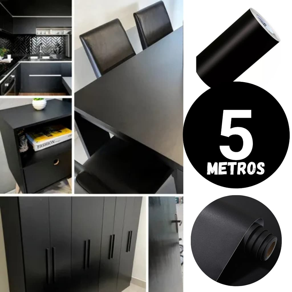 Papel Adesivo Preto Lavável – Rolo 5 Metros para Parede e Envelopamento de Eletros, Móveis e Paredes