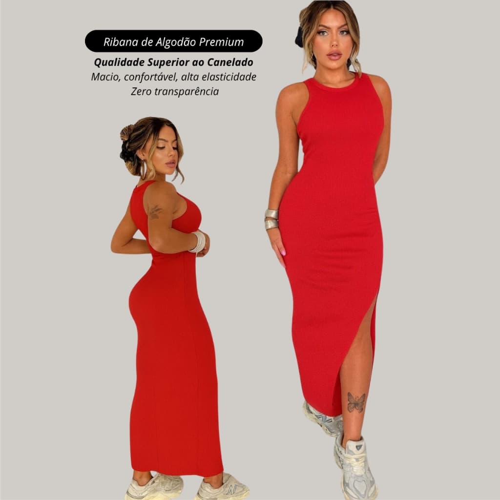 vestido longo feminino canelado ribana premium com fenda lateral colado justo casual tendencia outono inverno