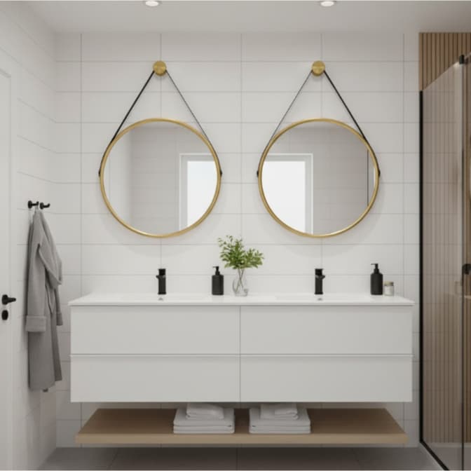Kit 2 Espelhos Redondo Adnet Decorativo Suspenso com Alça 60cm + Suporte Dourado com Alça Preta