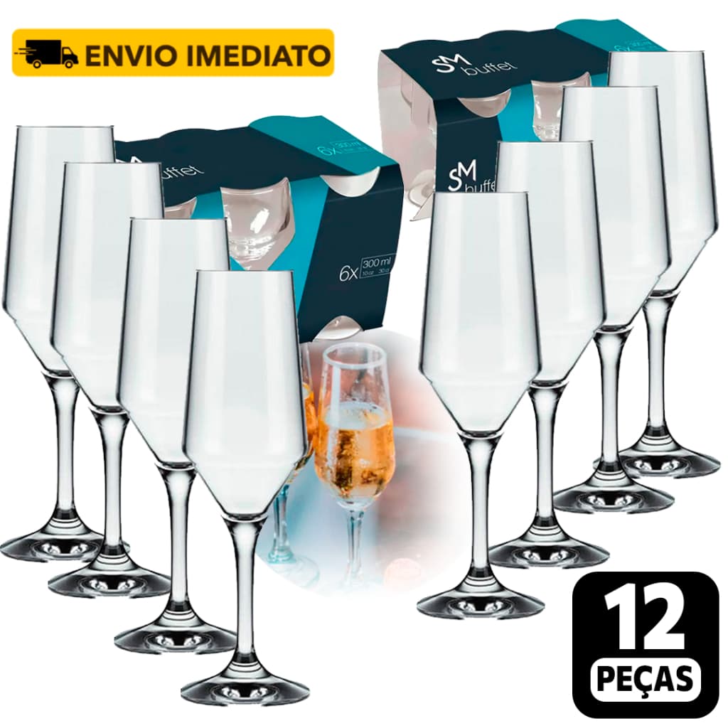Kit Jogo de Taças de Vidro Sm Buffet Nadir 12/6 Peças Resistente Champanhe Espumante 186ml Eventos