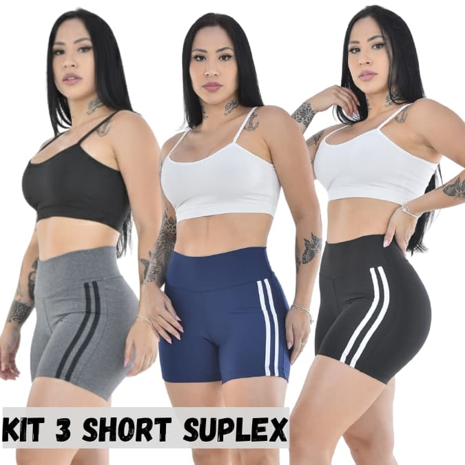 Kit 3 Short Suplex Feminina Fitness Cós Alto para Atividade Física Academia e Corrida
