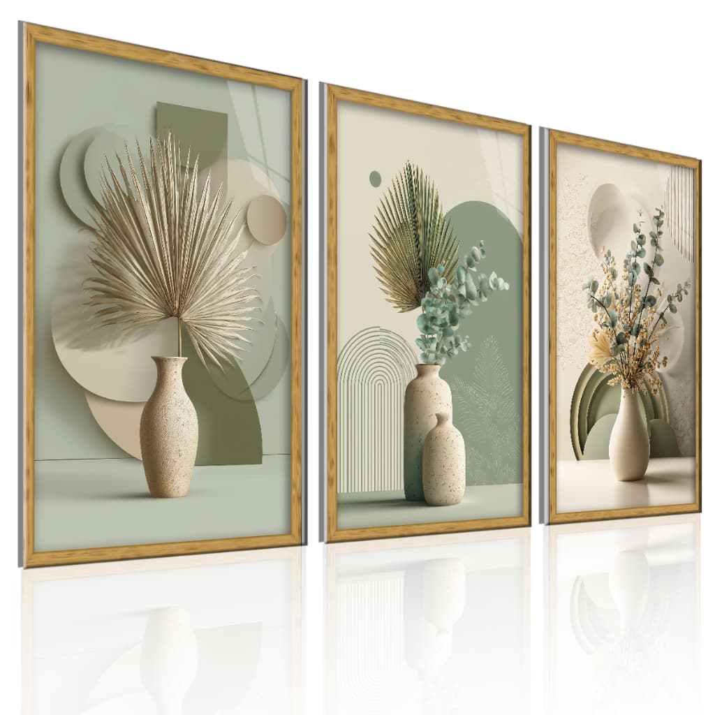 Quadros Decorativos 3 Peças Verde Sálvia Folhas Vasos Flores Sala Quarto Trio Clean