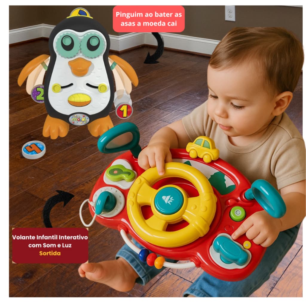 Brinquedo Interativo Infantil Volante  com Vários Sons Diferente e Luz  e Pinguim Didático Sortido