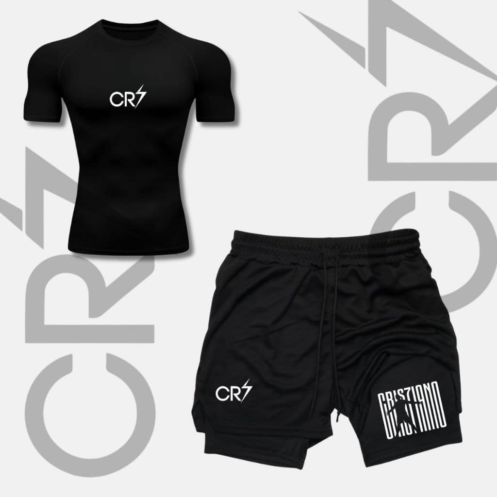 Kit Camiseta Compressão e Short compressão 2 Em 1 Cristiano Cr7 Designer Gym Dark Mode