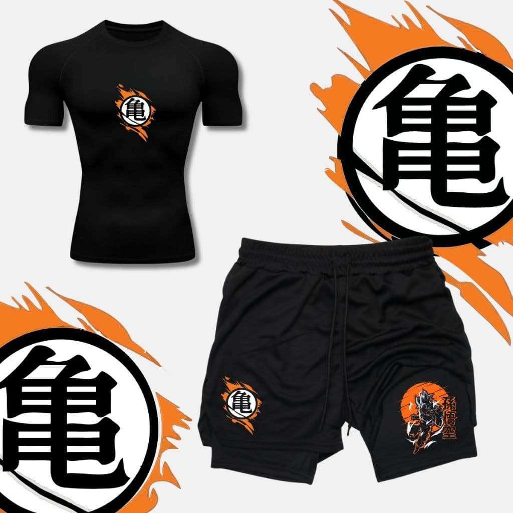 Kit Camiseta Compreesão + Short Compressão 2 em 1 Dry-Fit Arte Vegeta Goku Dragon Anime Ball Z Mode Geek Gym Fitness
