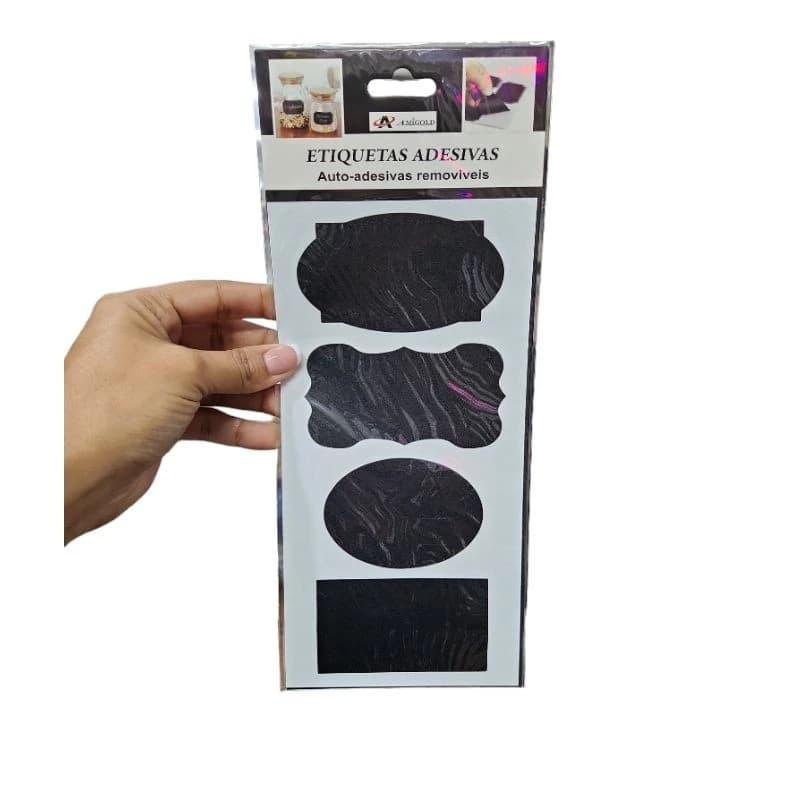 Etiqueta Adesiva Lousa Preto Fosco – Cartela c/ 4 Adesivos p/ Potes e Mantimentos, Escreve com Giz