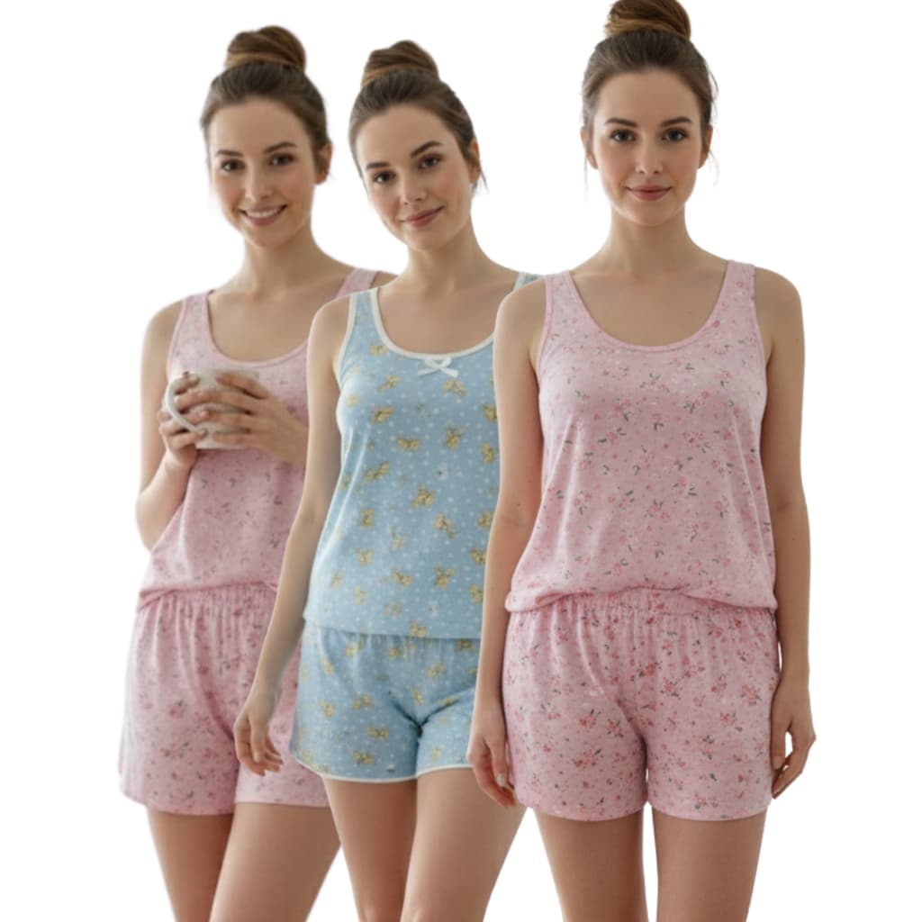 Conjunto Pijama Baby Doll Regata Alça Larga Short Doll Feminino Confortável, Estampado, Verão -