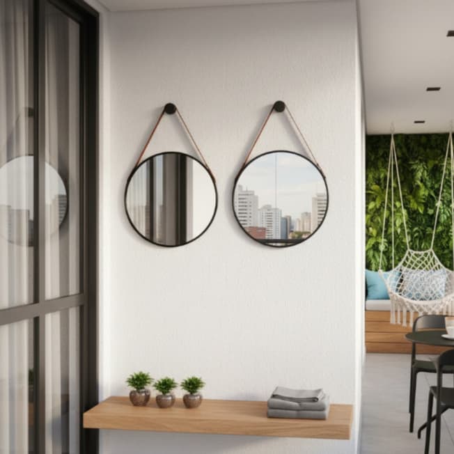 Kit 2 Espelhos Redondo Adnet Decorativo Suspenso com Alça 50cm + Suporte Preto com Alça Caramelo