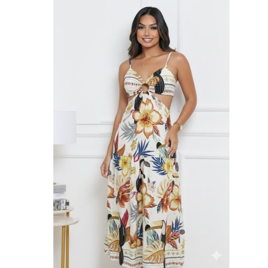 Vestido longo de argola na frente decotado modelo alcinha