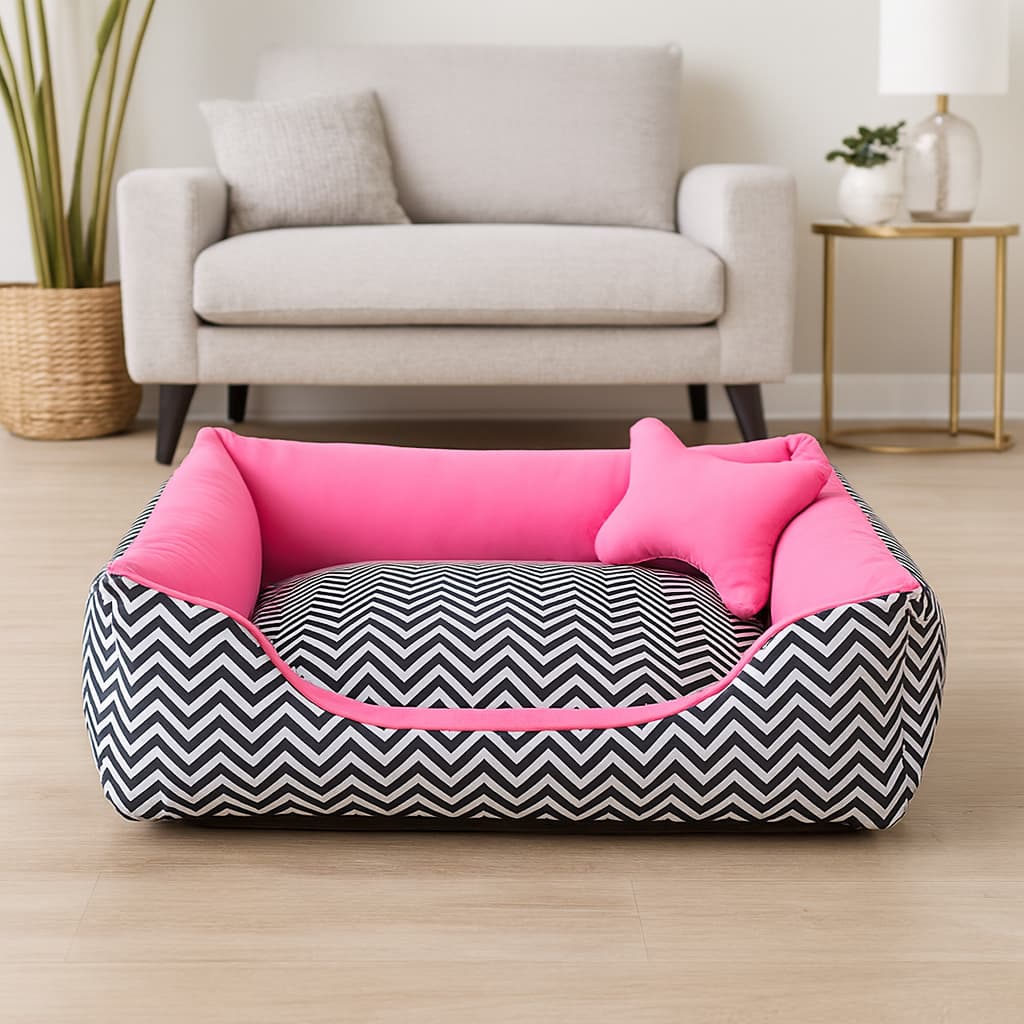 Caminha Pet Cães e Gatos Chevron : Tamanho M e G - Com 1 Almofada Ossinho -Lavável e Confortável- Cores Lindas