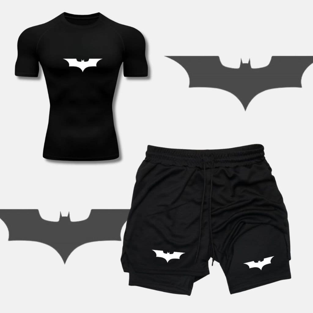 Kit Short E Camiseta Camisa Compressão 2 em 1 Dry-Fit Arte Batma Filme Anime Gym Fitness