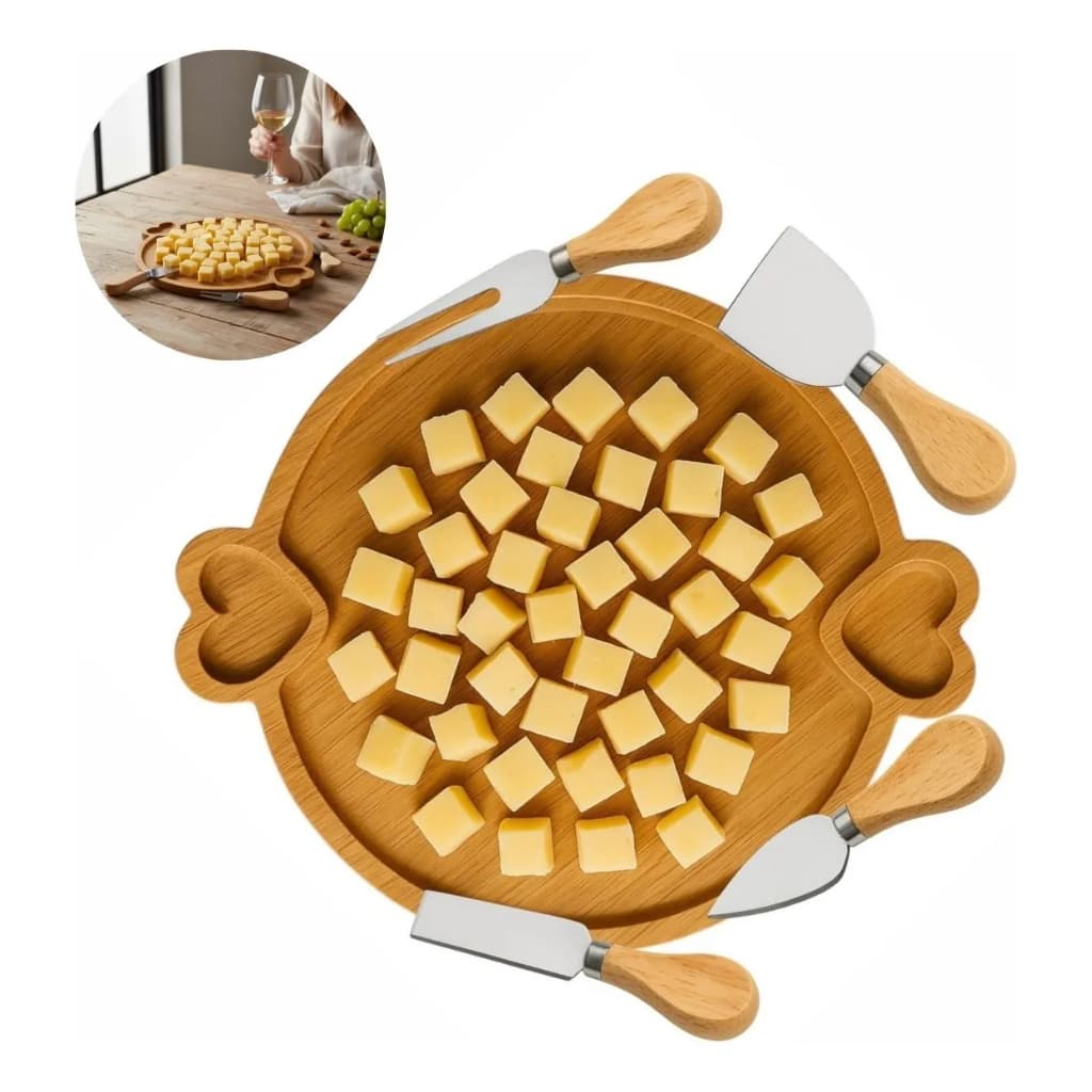 Kit Petisqueira 3 Divisórias + Jogo 4 Utensílios para Queijo Charcuterie Tábua Mesa