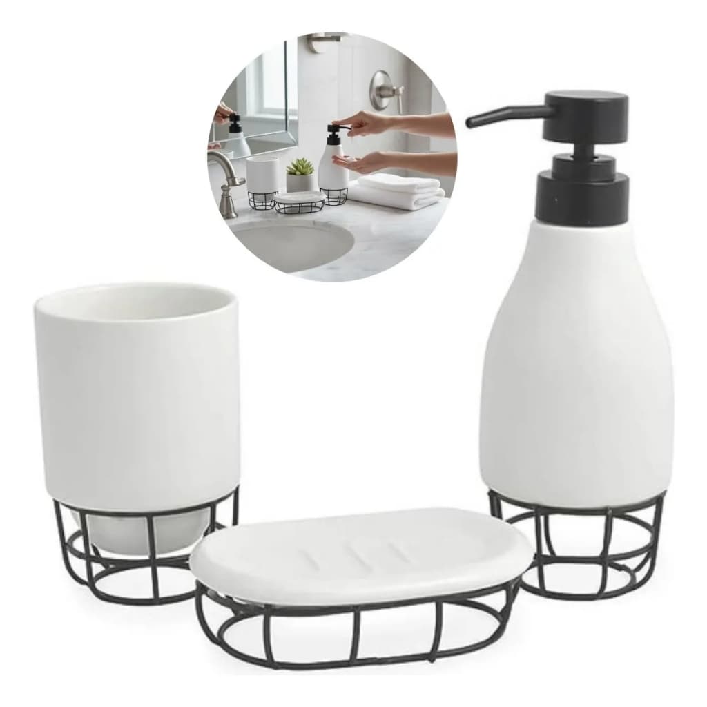 Kit Banheiro Lavabo Cerâmica Porta Escova Sabonete 3 Pcs