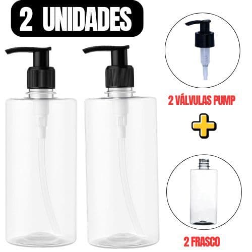Kit 2 Frascos PET Transparente 500ml com Válvuala pump preta Dosadora Embalagem Shampoo Condicionador Sabonete Líquido