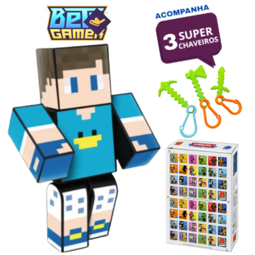 Boneco Youtuber Beto Gamer 25cm + 3 Chaveiros Familia Arqueira craft