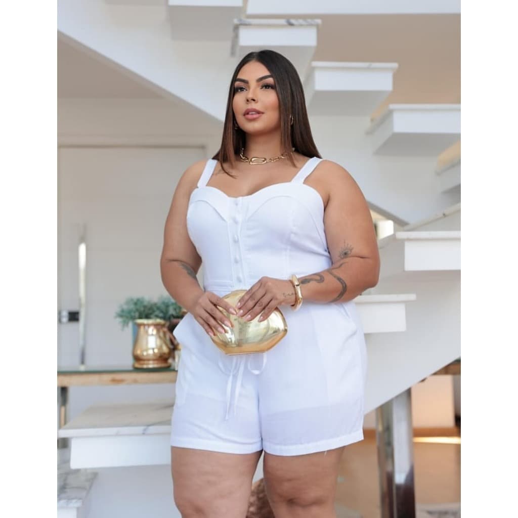Macaquinho Plus Size Botão Feminino Botões Alça Moda