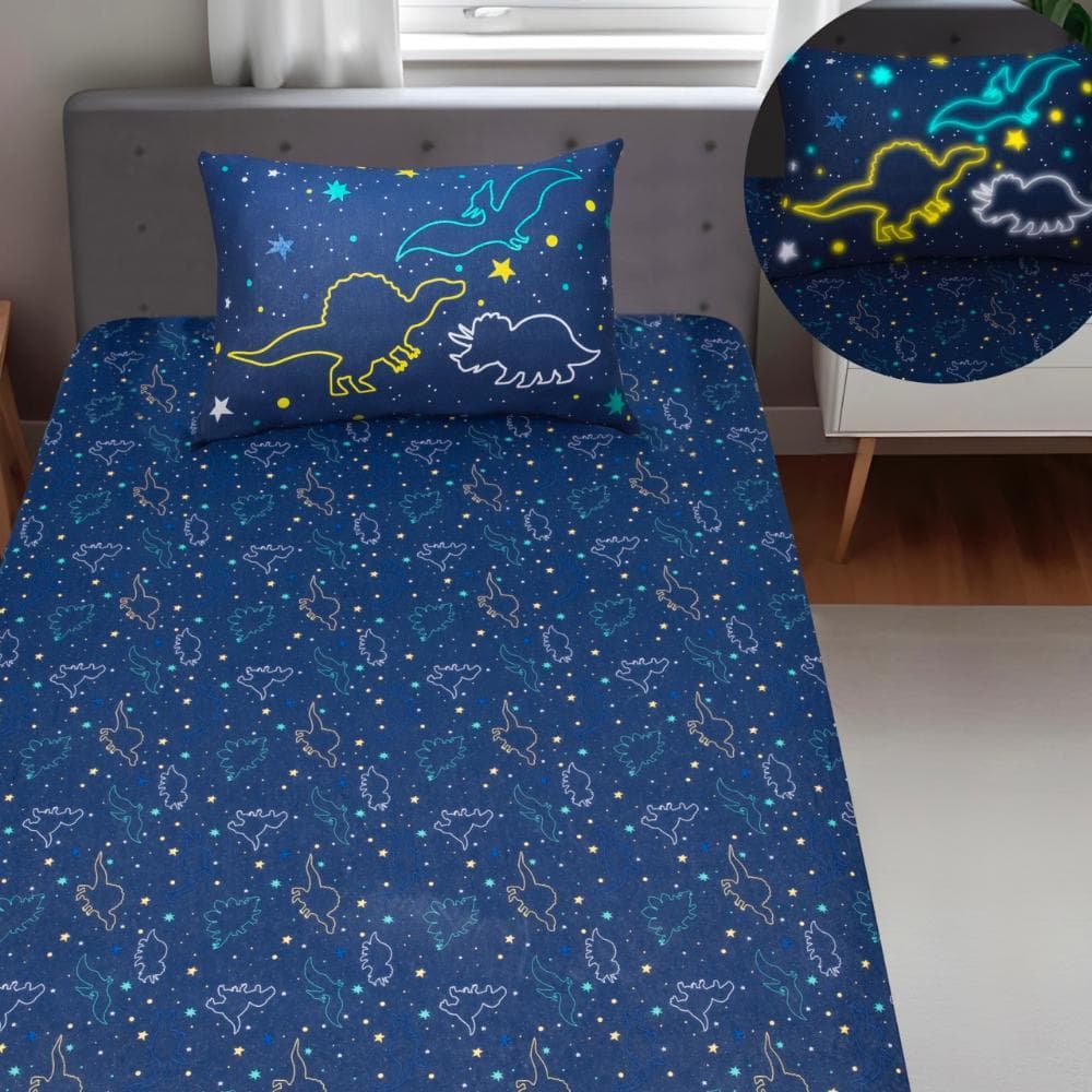 Jogo de Cama Infantil Lençol Estampado Dinossauro Brilha no Escuro - Solteiro - Criança