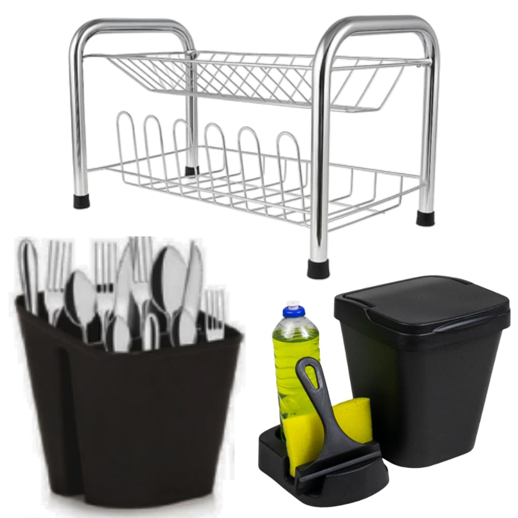 Kit Completo Organizador de Cozinha Escorredor de Louça em Aço + Lixeira 5L + Porta Detergente + Rodinho + Porta Talher