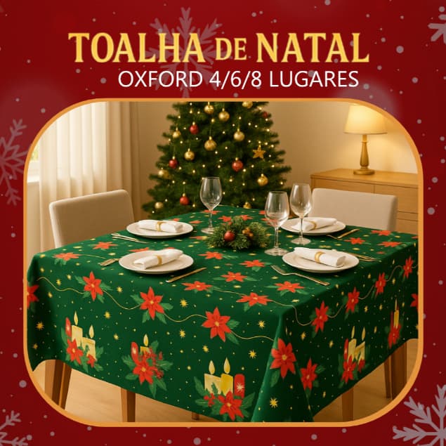 Toalha Oxford Natalina Estampa Noel Noite de Natal 4 6 8 Lugares