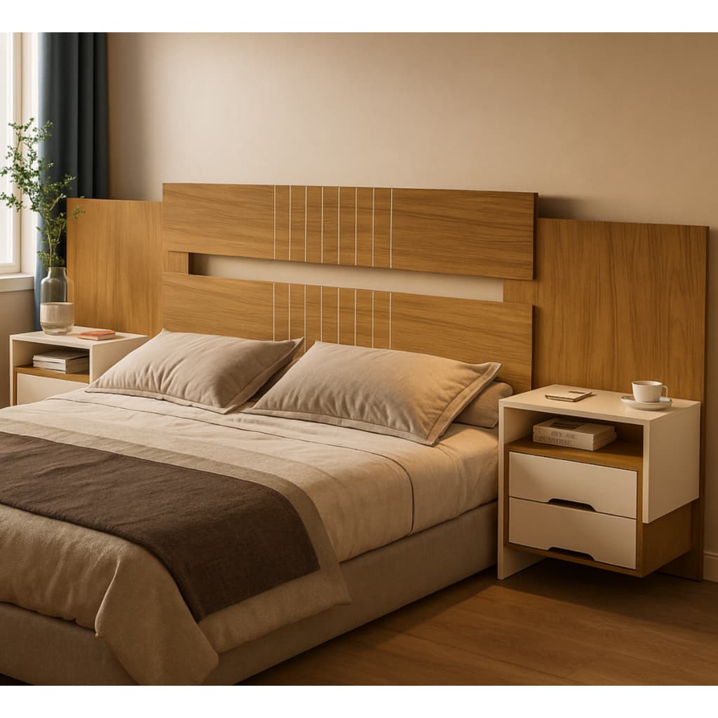 Cabeceira Regulável Luiza para Cama Casal ou Queen  – MDF com Nichos e Gavetas
