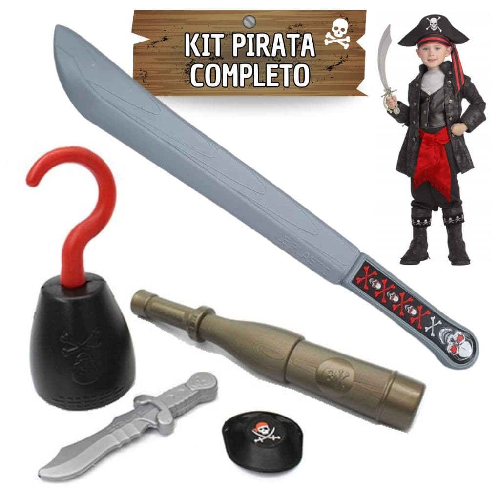 Kit Pirata Espada Facão Brinquedo Infantil Tapa Olho Gancho Espada Medieval