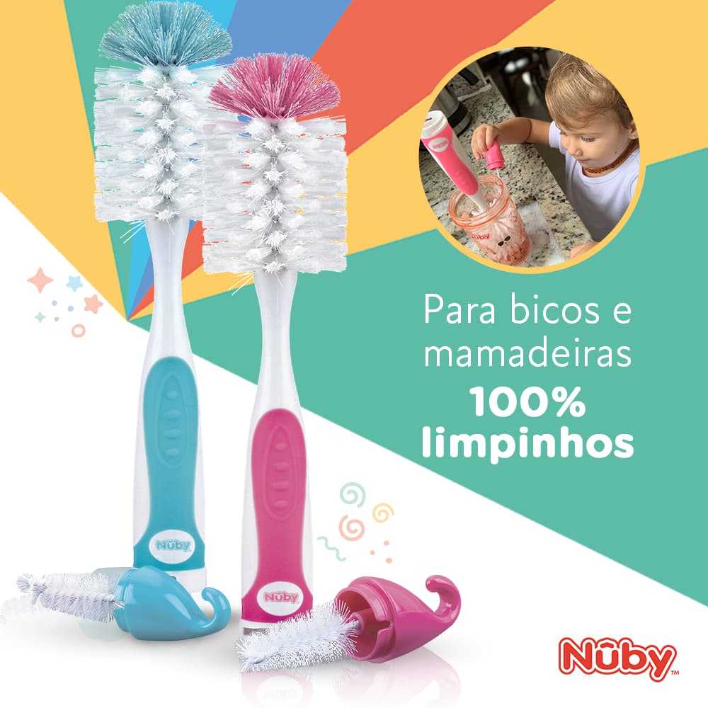 Escova de Mamadeira e Bico 2 em 1 com Gancho Limpeza Fácil Bebê Menino Menina