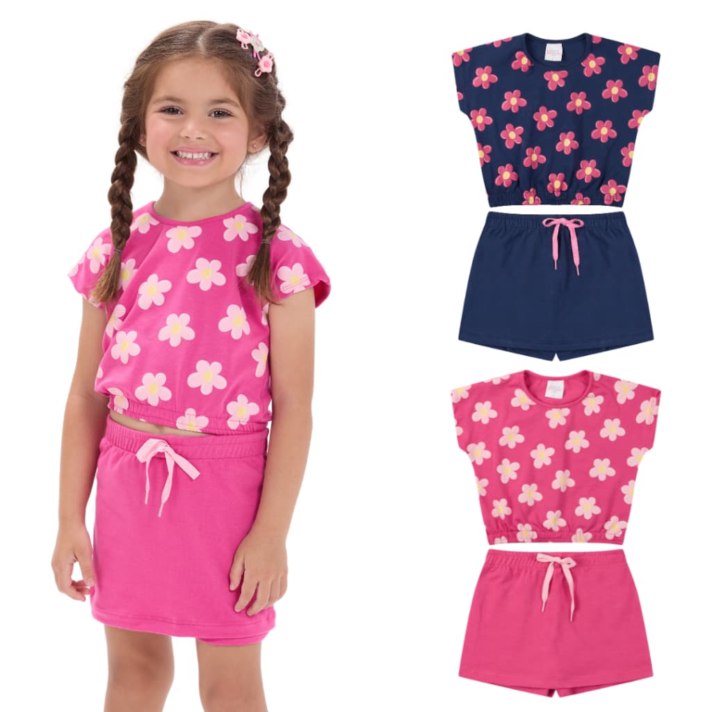 Conjunto Infantil Menina Floral Verão Cropped + Shorts/Saia 2 ao 8 anos