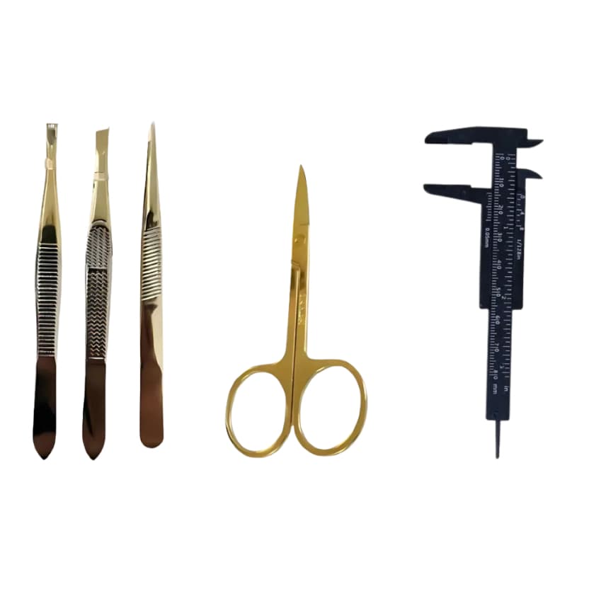 Kit Design De Sobrancelha Micropigmentação Paquímetro Com Trava + Tesourinha + 3 Pinças Solingen