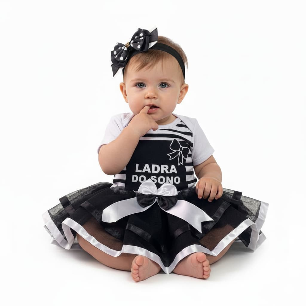 Body Bebe Menina - Ladrão de Sono + Tutu + Laço - Temático-Mesversário