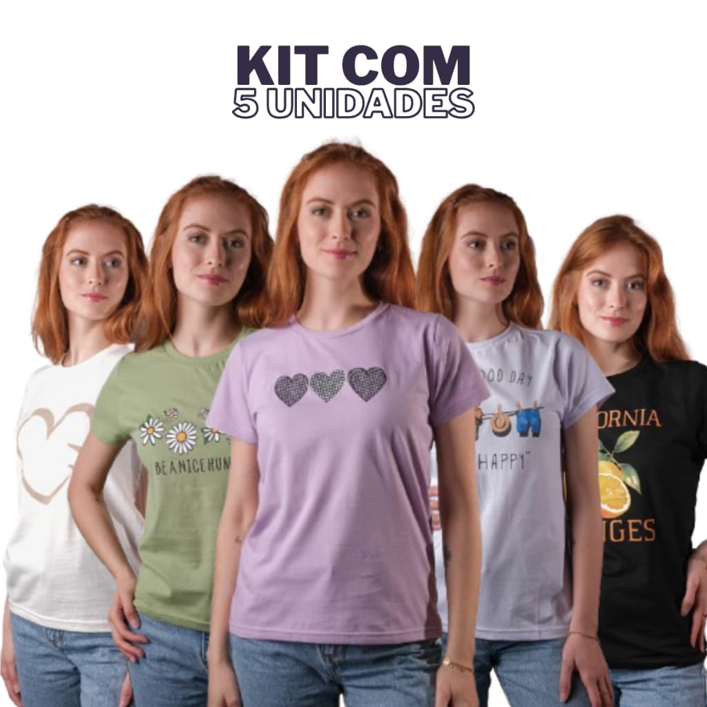 Kit 5 Tshirts Blusas Feminina Gola Alta algodão Camiseta Estampada Básica P M G GG