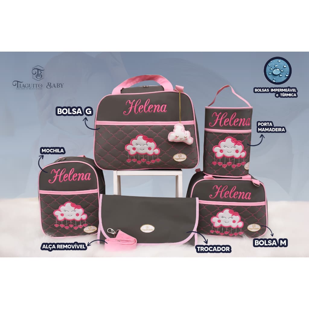 Kit Bolsa Bebê Nuvem 5 Peças Personalizada (Cinza/Rosa)