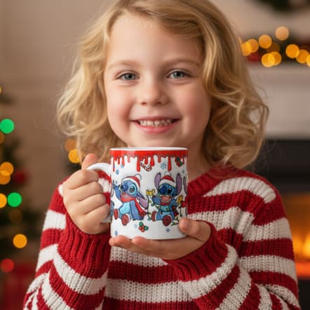 Caneca Xícara de Porcelana Branca Desenho Infantil Criança Stitchi Natal Decoração Personagem